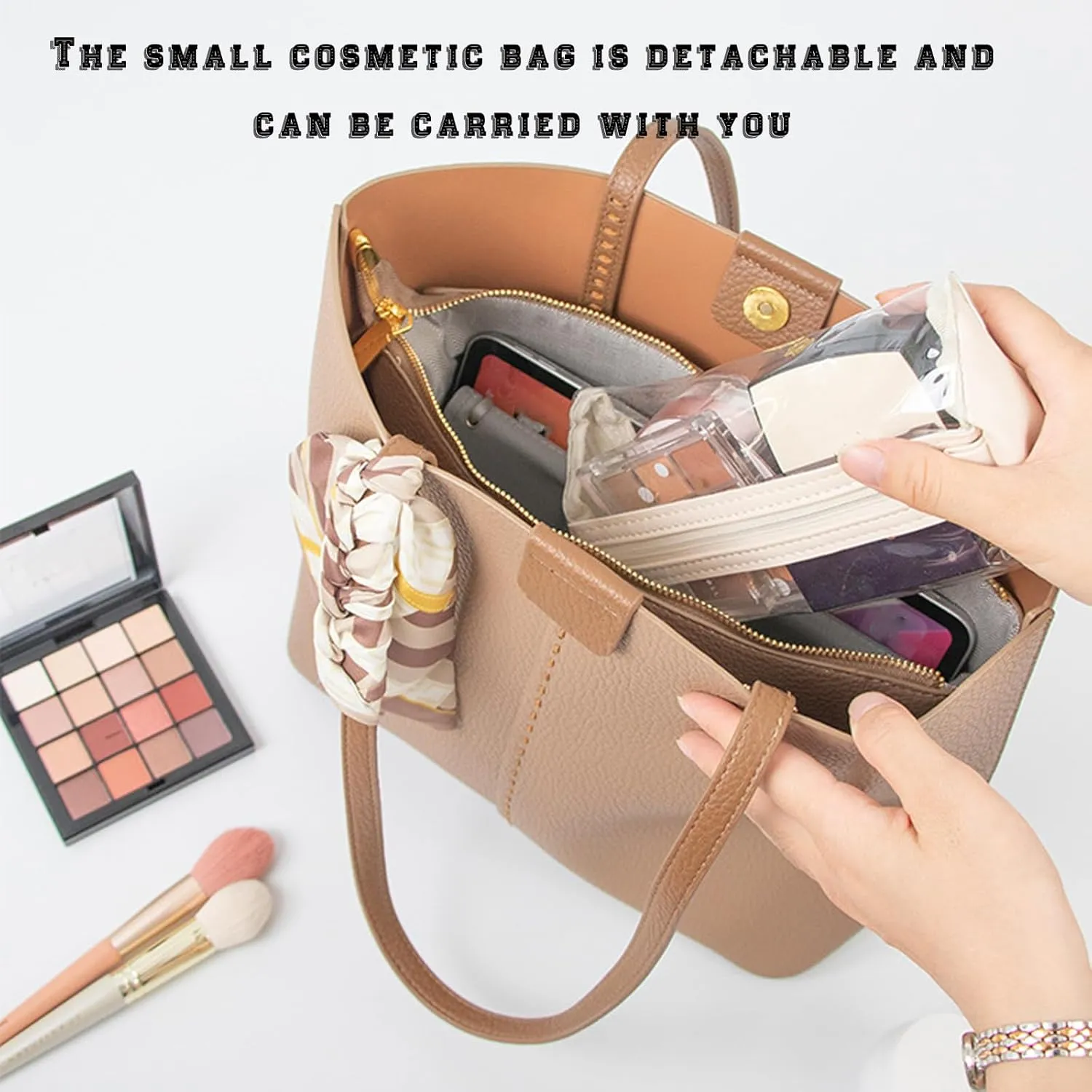 Portable 4-in-1 Foldable Cosmetic Bag, Waterproof Travel Toiletry Bag with 4 Clear Detachable Compartment Roll Up Makeup Bag Hanging Travel Organizer Folding Cosmetic Bag (brown)