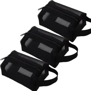 Portable Square Mesh Storage Bag, Mesh Makeup Bag with Zipper Cosmetic Bag, Small Square Coin Purse Portable Toiletry Bag (3Pcs Black)