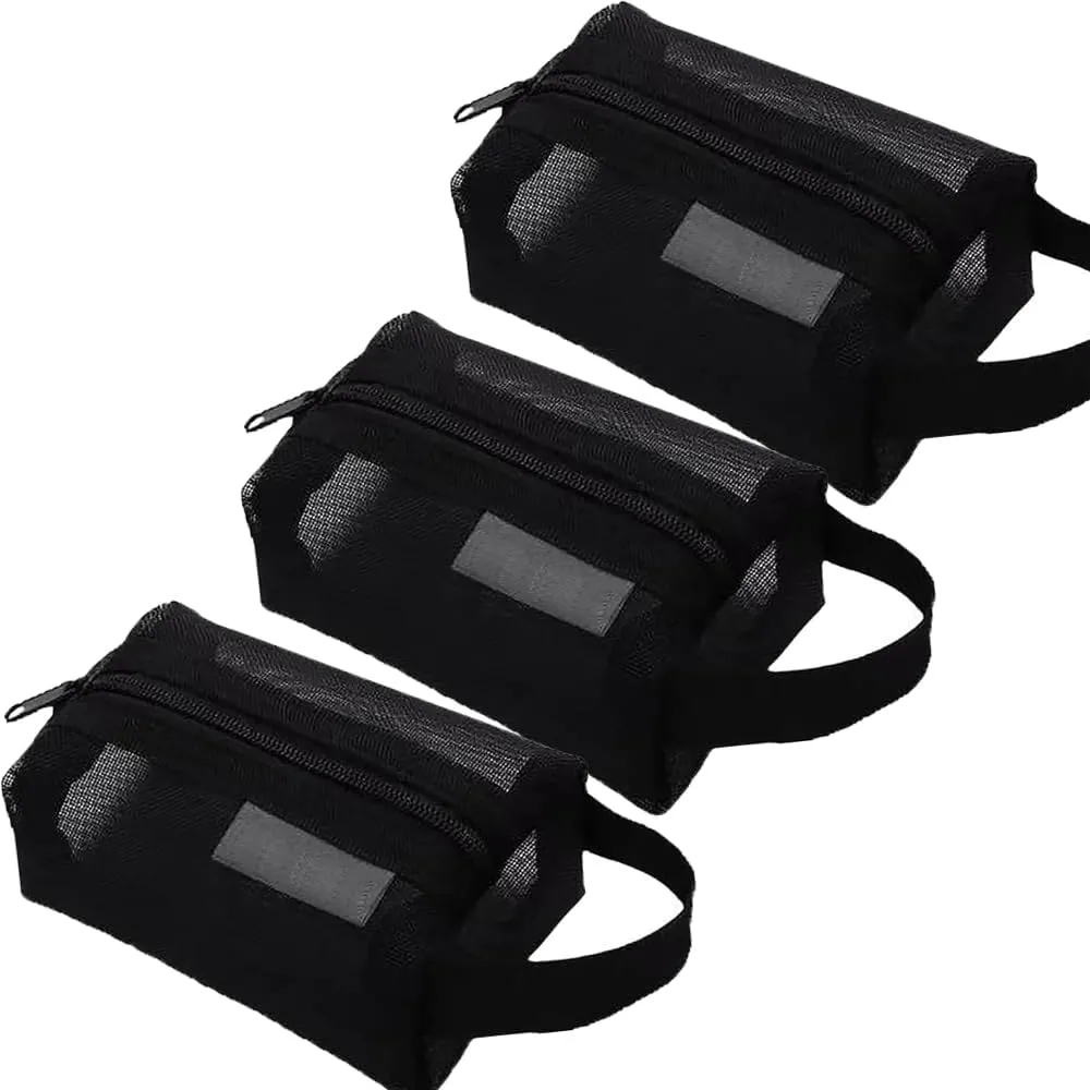 Portable Square Mesh Storage Bag, Mesh Makeup Bag with Zipper Cosmetic Bag, Small Square Coin Purse Portable Toiletry Bag (3Pcs Black)