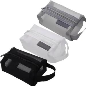 Portable Square Mesh Storage Bag, Mesh Makeup Bag with Zipper Cosmetic Bag, Small Square Coin Purse Portable Toiletry Bag (Grey Black White)