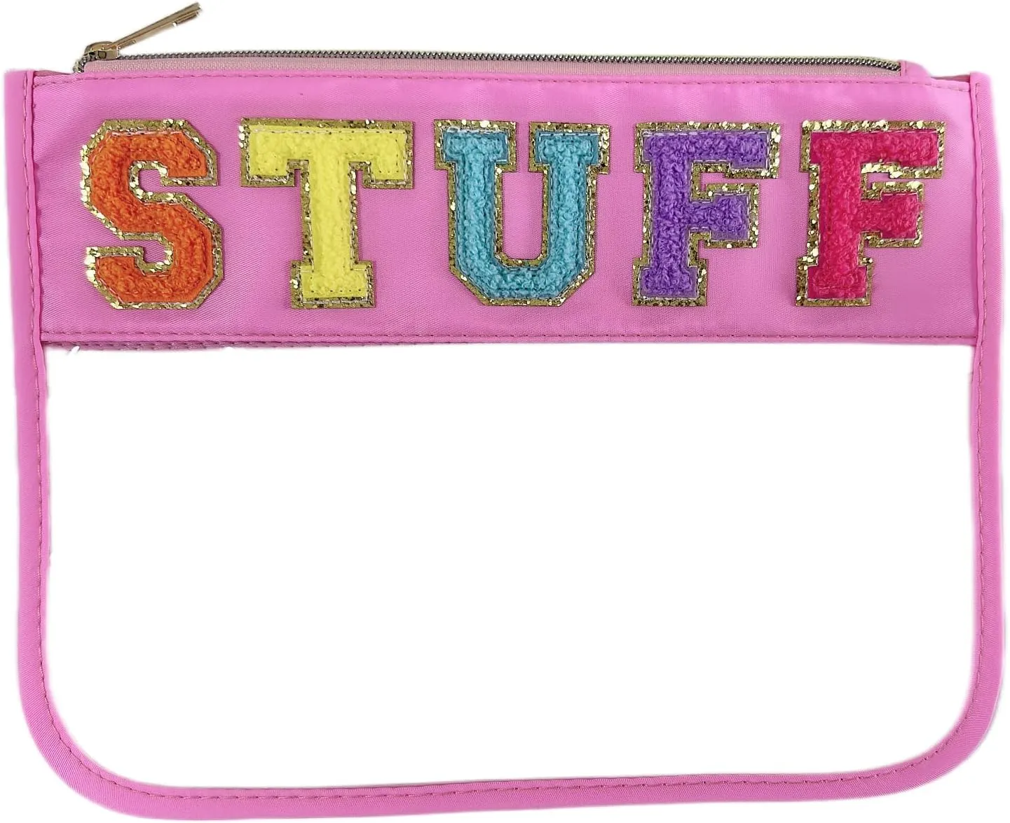 Preppy Chenille Letter Bag - Stadium Style, Pink Makeup Bag with Clear Cosmetic Pouches for Women & Girls