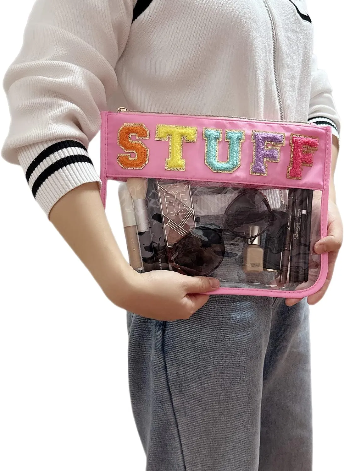 Preppy Chenille Letter Bag - Stadium Style, Pink Makeup Bag with Clear Cosmetic Pouches for Women & Girls