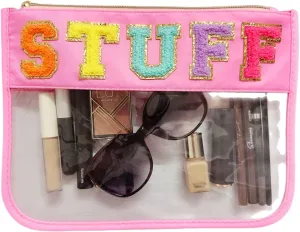 Preppy Chenille Letter Bag - Stadium Style, Pink Makeup Bag with Clear Cosmetic Pouches for Women & Girls