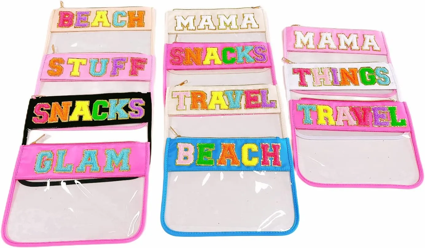 Preppy Chenille Letter Bag - Stadium Style, Pink Makeup Bag with Clear Cosmetic Pouches for Women & Girls