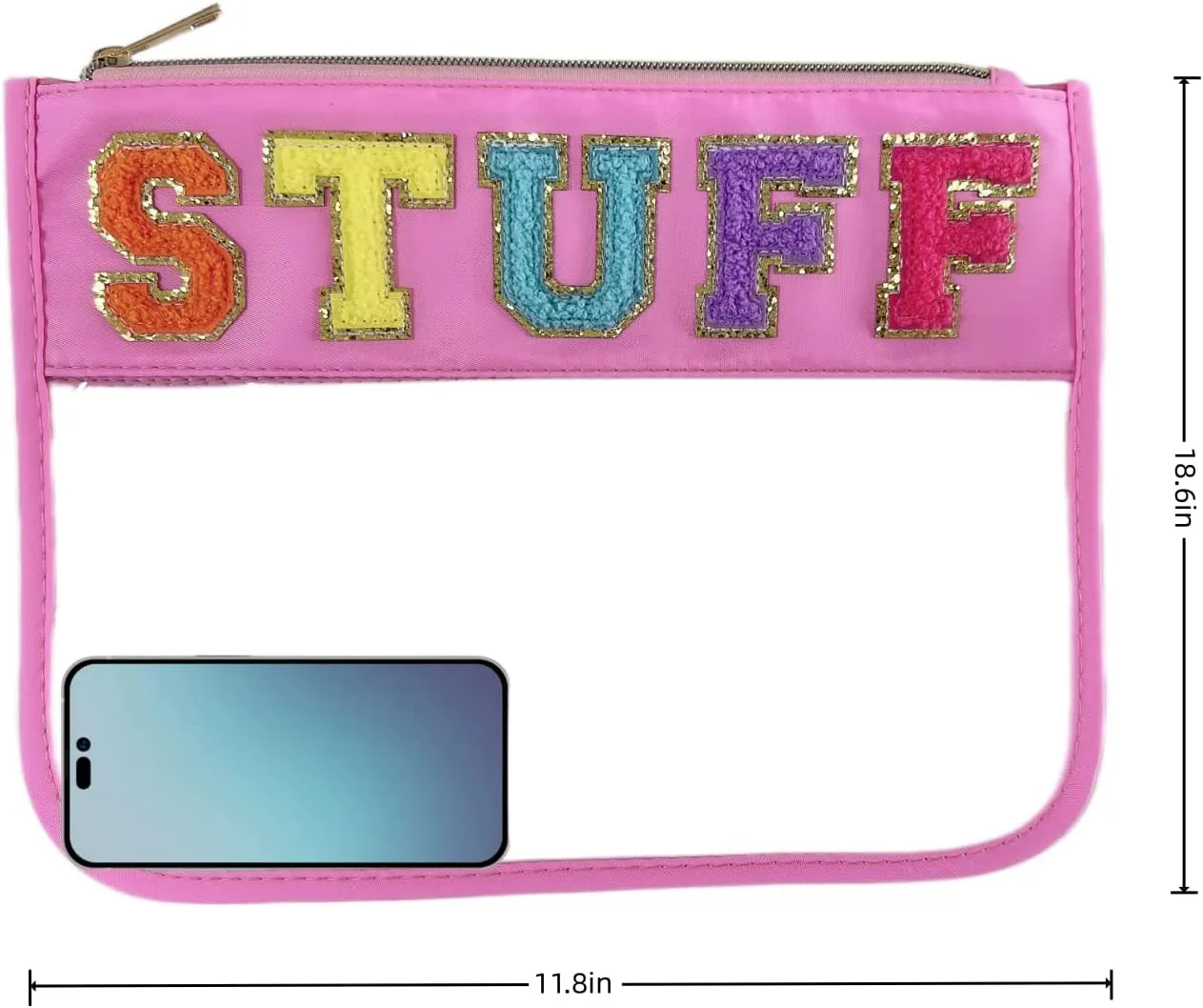 Preppy Chenille Letter Bag - Stadium Style, Pink Makeup Bag with Clear Cosmetic Pouches for Women & Girls