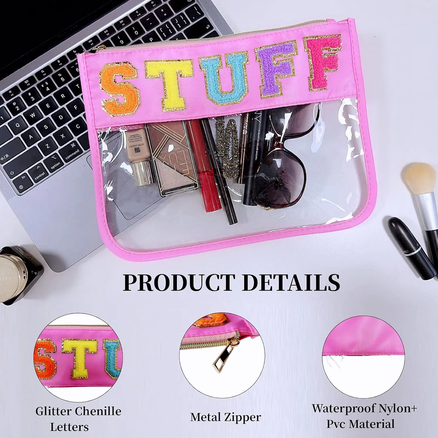Preppy Chenille Letter Bag - Stadium Style, Pink Makeup Bag with Clear Cosmetic Pouches for Women & Girls