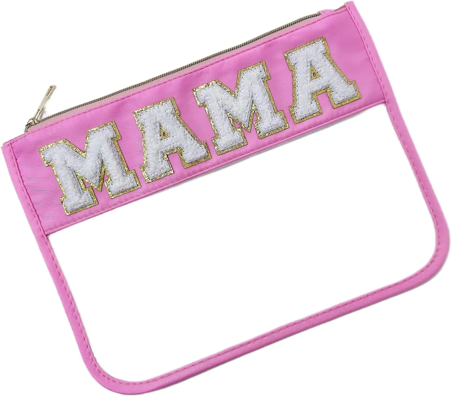 Preppy Makeup Bag, Chenille Letter Bag, Stadium Bags - Clear Cosmetic Pouches for Women & Girls (Pink-Mama)