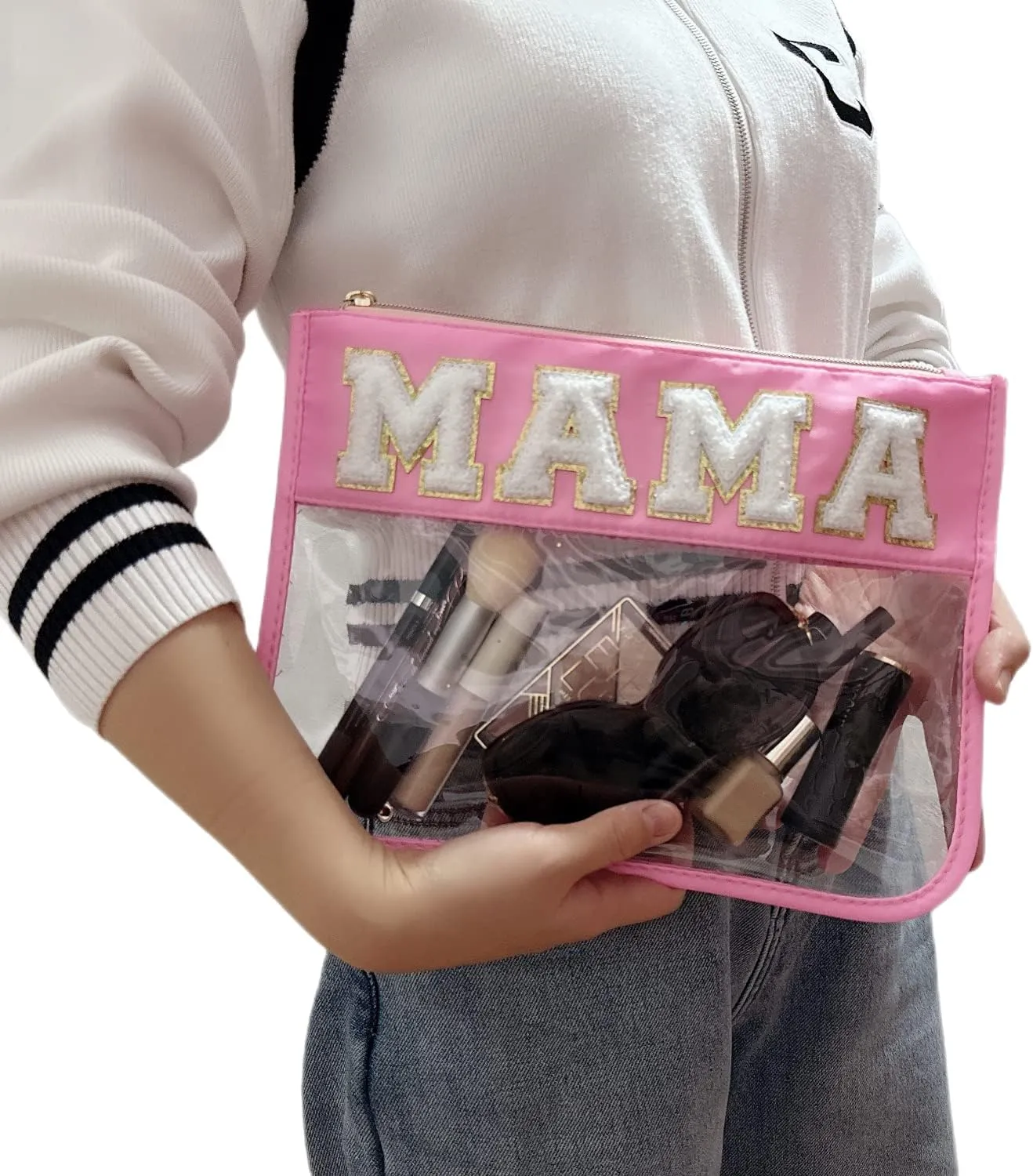 Preppy Makeup Bag, Chenille Letter Bag, Stadium Bags - Clear Cosmetic Pouches for Women & Girls (Pink-Mama)