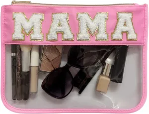 Preppy Makeup Bag, Chenille Letter Bag, Stadium Bags - Clear Cosmetic Pouches for Women & Girls (Pink-Mama)