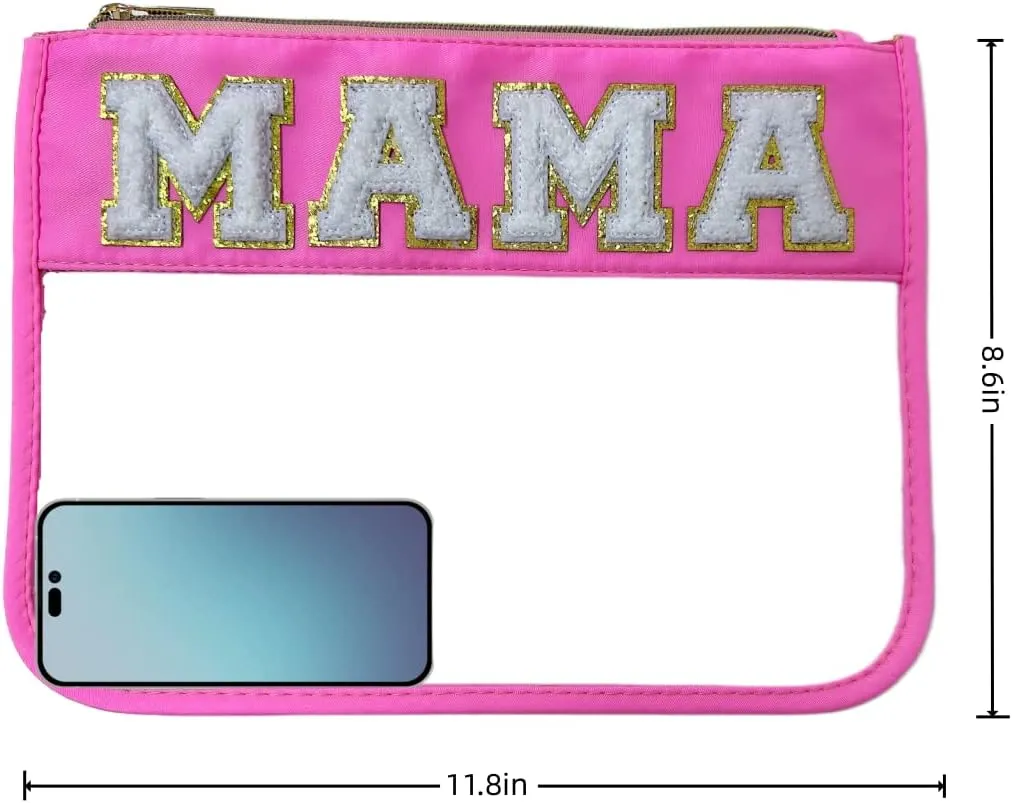 Preppy Makeup Bag, Chenille Letter Bag, Stadium Bags - Clear Cosmetic Pouches for Women & Girls (Pink-Mama)