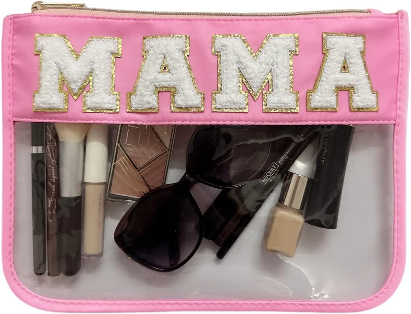 Preppy Makeup Bag, Chenille Letter Bag, Stadium Bags - Clear Cosmetic Pouches for Women & Girls (Pink-Mama)