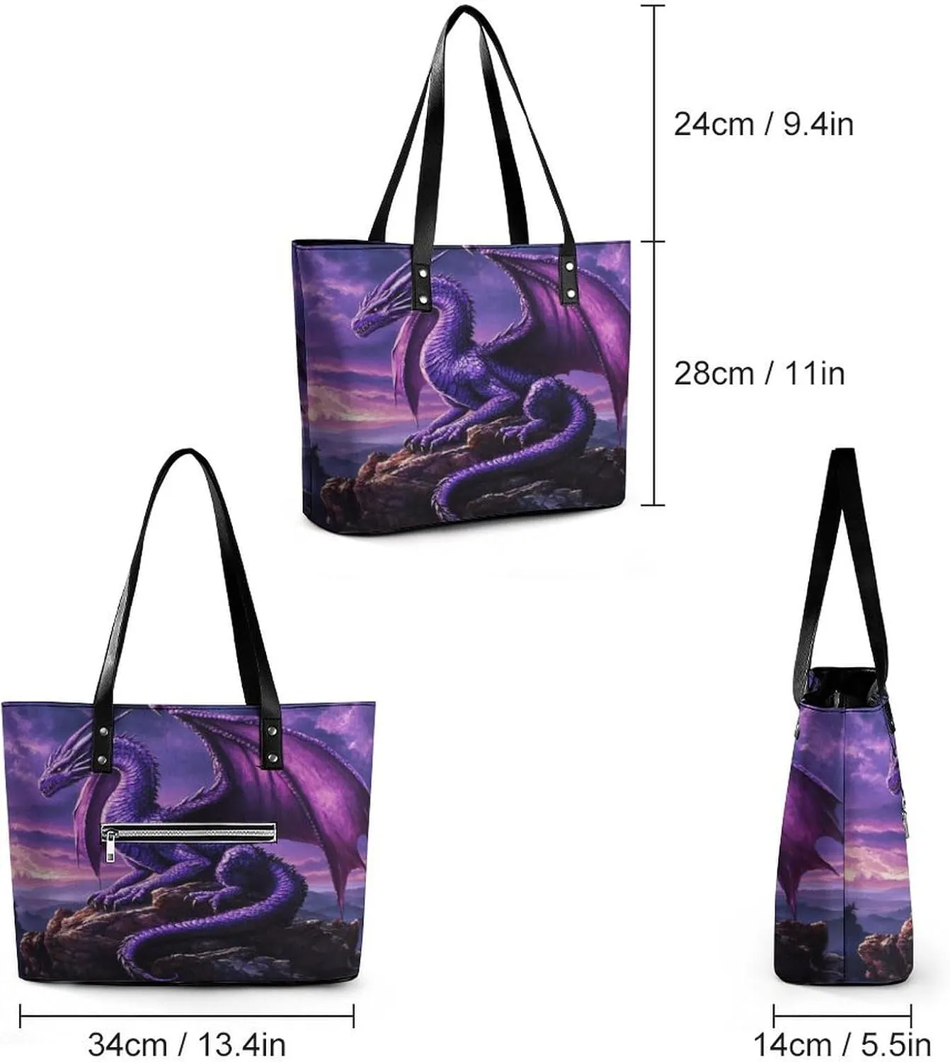 Purple Snow Dragon Women Soft Leather Handbags Tote Purses Shoulder Bucket Bags