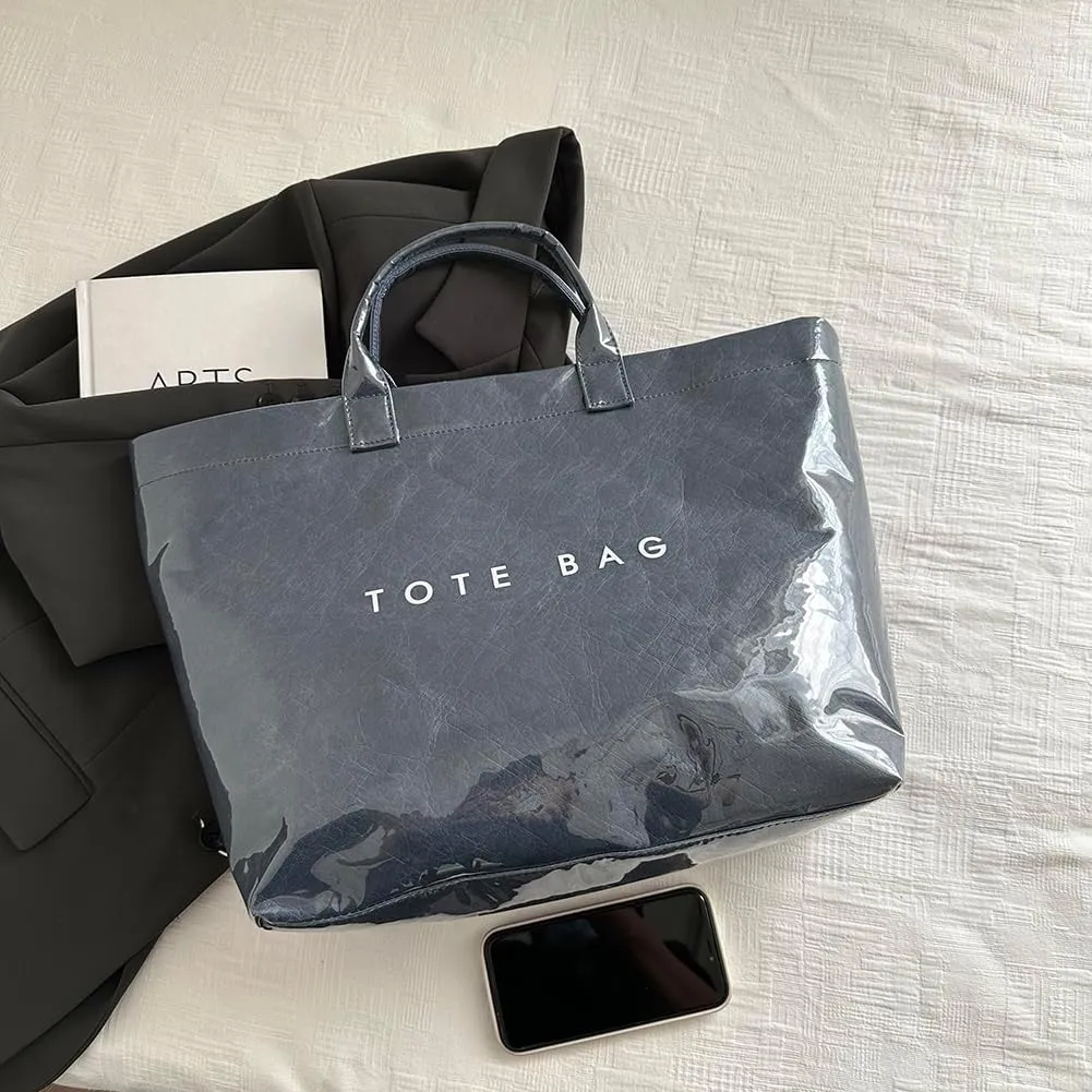 PVC Tote Bag for Women Large Kraft Paper Tote Bag Trendy Letter Print Tote Bag Clear Top Handle Hobo Handbag