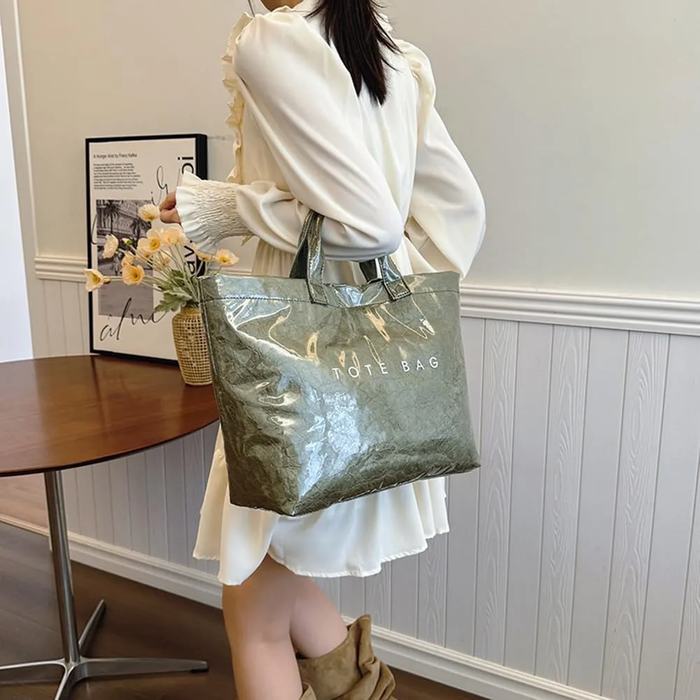 PVC Tote Bag for Women Large Kraft Paper Tote Bag Trendy Letter Print Tote Bag Clear Top Handle Hobo Handbag