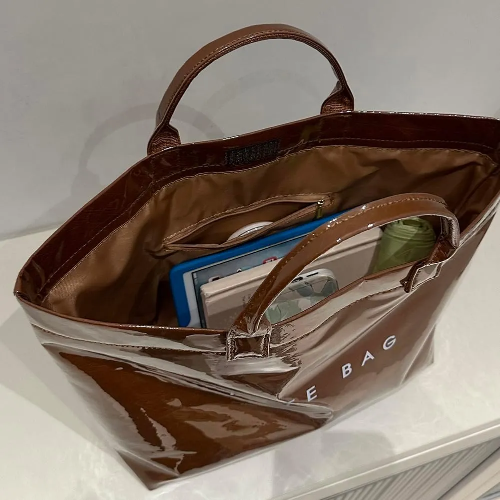 PVC Tote Bag for Women Large Kraft Paper Tote Bag Trendy Letter Print Tote Bag Clear Top Handle Hobo Handbag