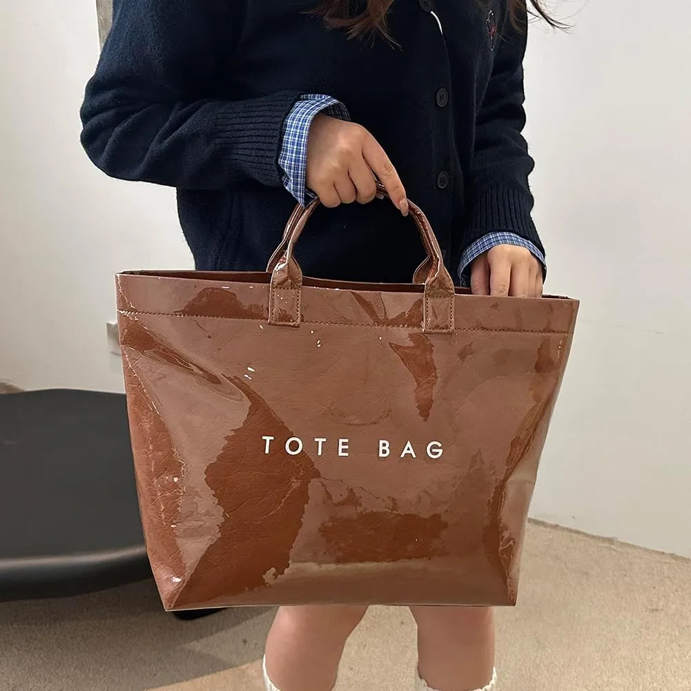 PVC Tote Bag for Women Large Kraft Paper Tote Bag Trendy Letter Print Tote Bag Clear Top Handle Hobo Handbag