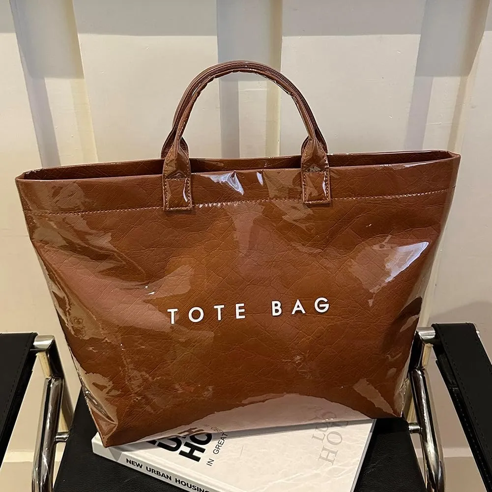 PVC Tote Bag for Women Large Kraft Paper Tote Bag Trendy Letter Print Tote Bag Clear Top Handle Hobo Handbag