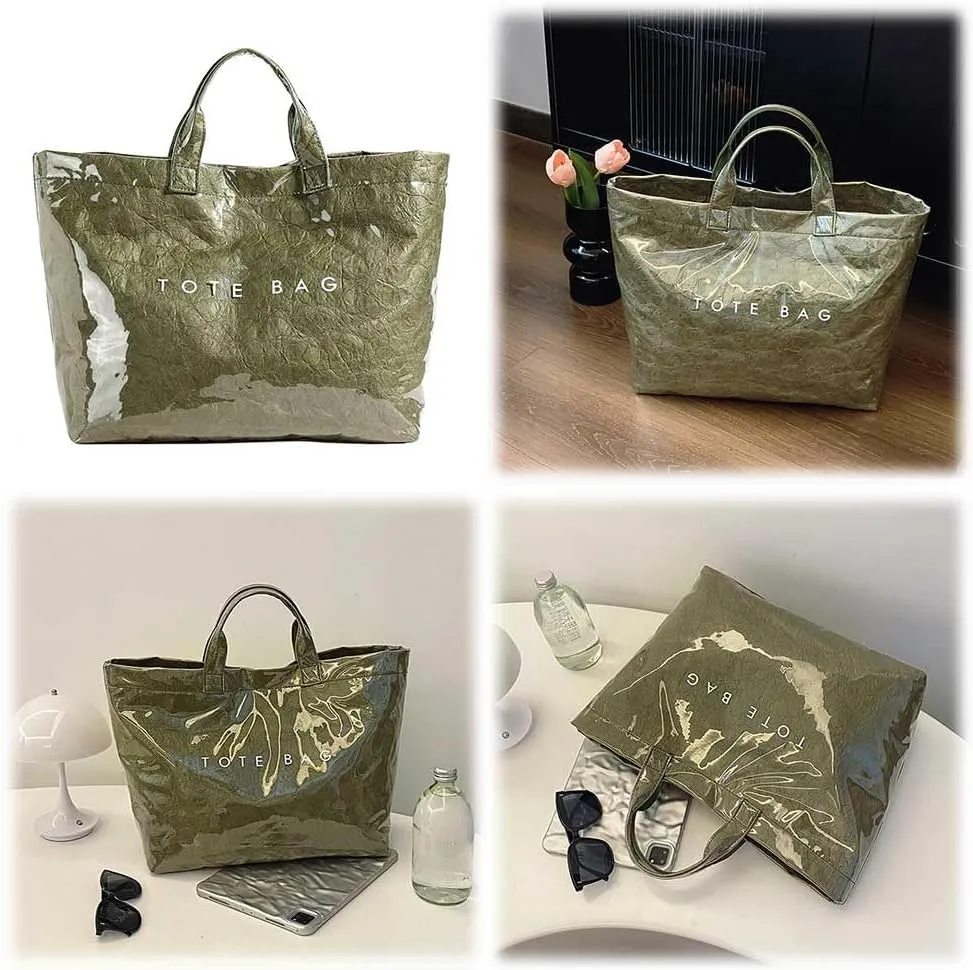 PVC Tote Bag for Women Large Kraft Paper Tote Bag Trendy Letter Print Tote Bag Clear Top Handle Hobo Handbag