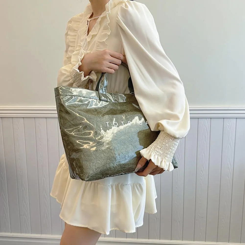 PVC Tote Bag for Women Large Kraft Paper Tote Bag Trendy Letter Print Tote Bag Clear Top Handle Hobo Handbag