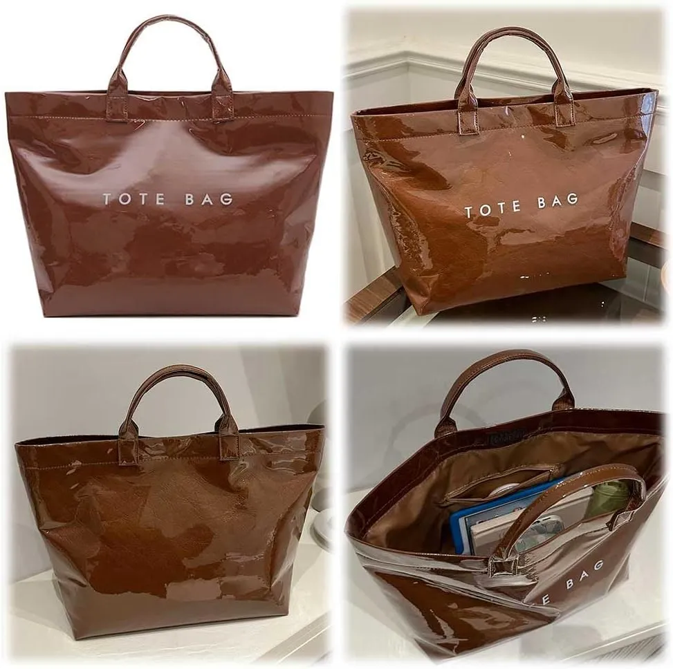 PVC Tote Bag for Women Large Kraft Paper Tote Bag Trendy Letter Print Tote Bag Clear Top Handle Hobo Handbag