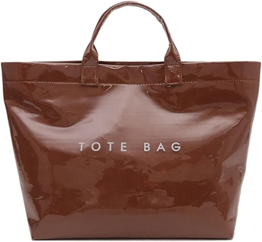 PVC Tote Bag for Women Large Kraft Paper Tote Bag Trendy Letter Print Tote Bag Clear Top Handle Hobo Handbag