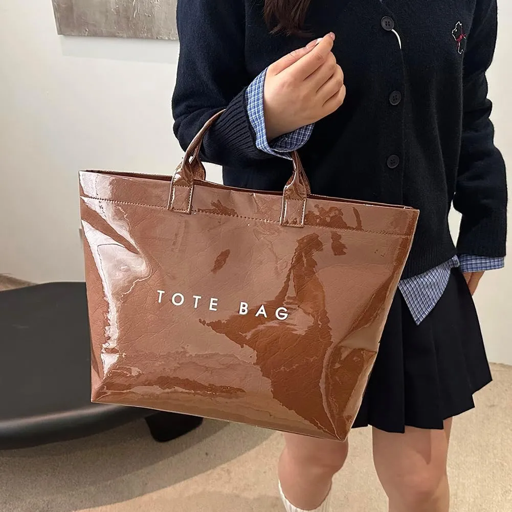 PVC Tote Bag for Women Large Kraft Paper Tote Bag Trendy Letter Print Tote Bag Clear Top Handle Hobo Handbag