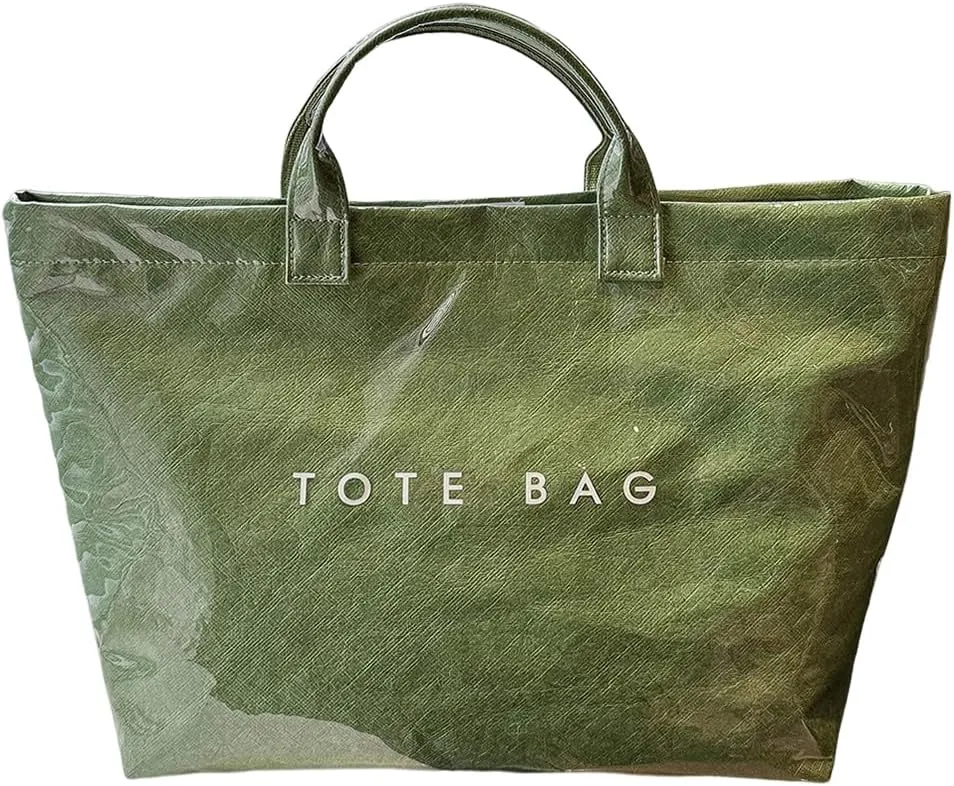 PVC Tote Bag for Women Large Kraft Paper Tote Bag Trendy Letter Print Tote Bag Clear Top Handle Hobo Handbag