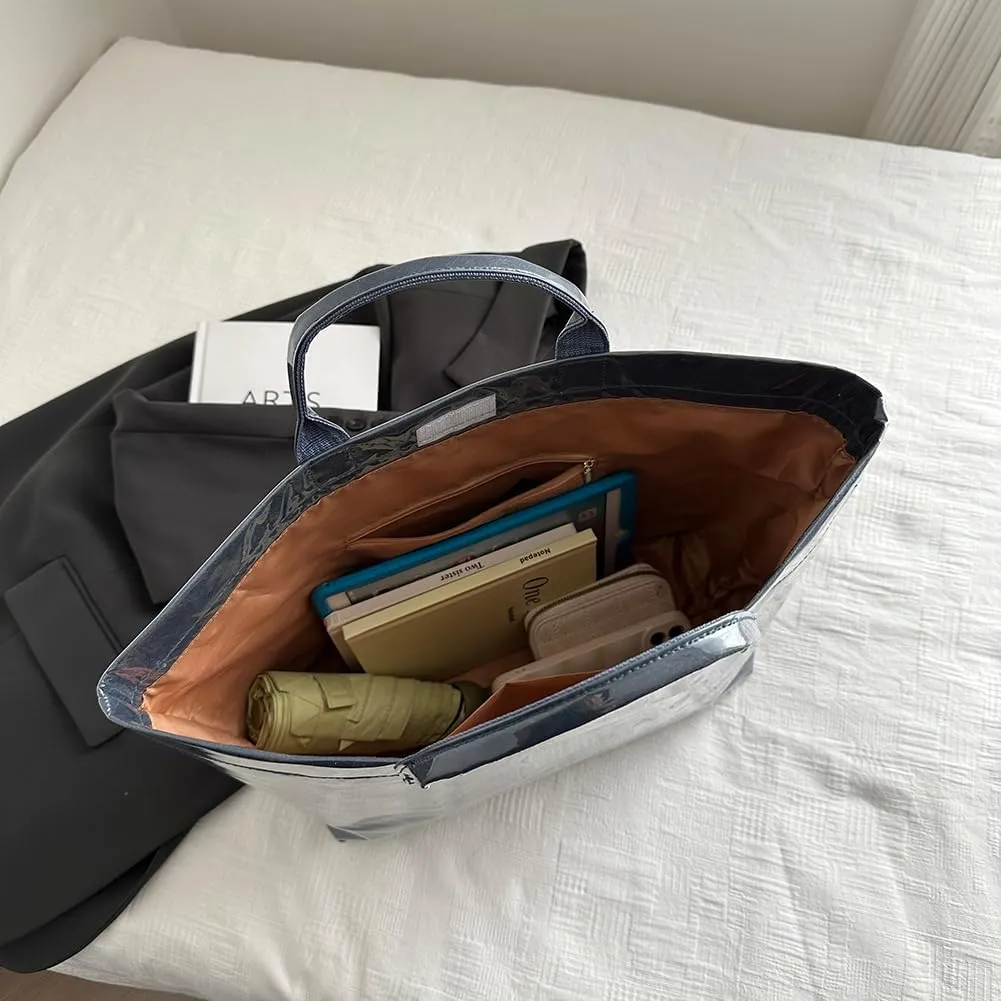 PVC Tote Bag for Women Large Kraft Paper Tote Bag Trendy Letter Print Tote Bag Clear Top Handle Hobo Handbag