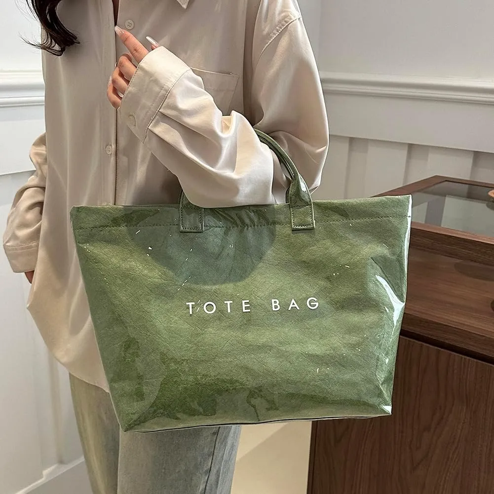 PVC Tote Bag for Women Large Kraft Paper Tote Bag Trendy Letter Print Tote Bag Clear Top Handle Hobo Handbag