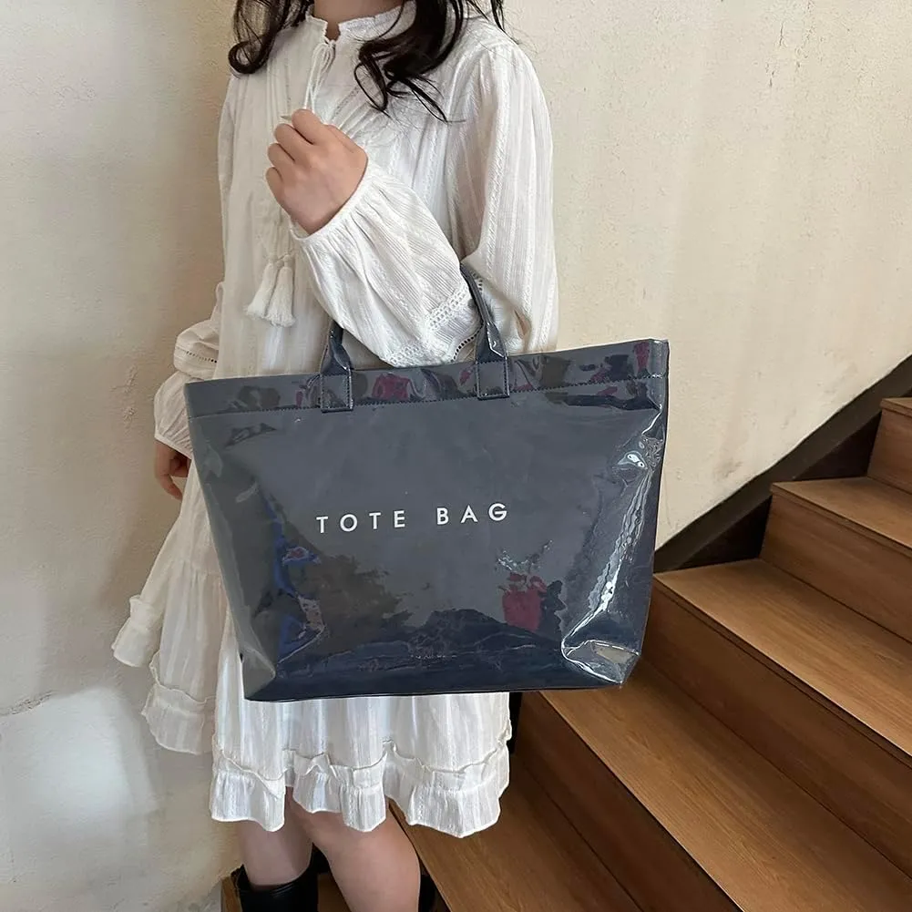 PVC Tote Bag for Women Large Kraft Paper Tote Bag Trendy Letter Print Tote Bag Clear Top Handle Hobo Handbag