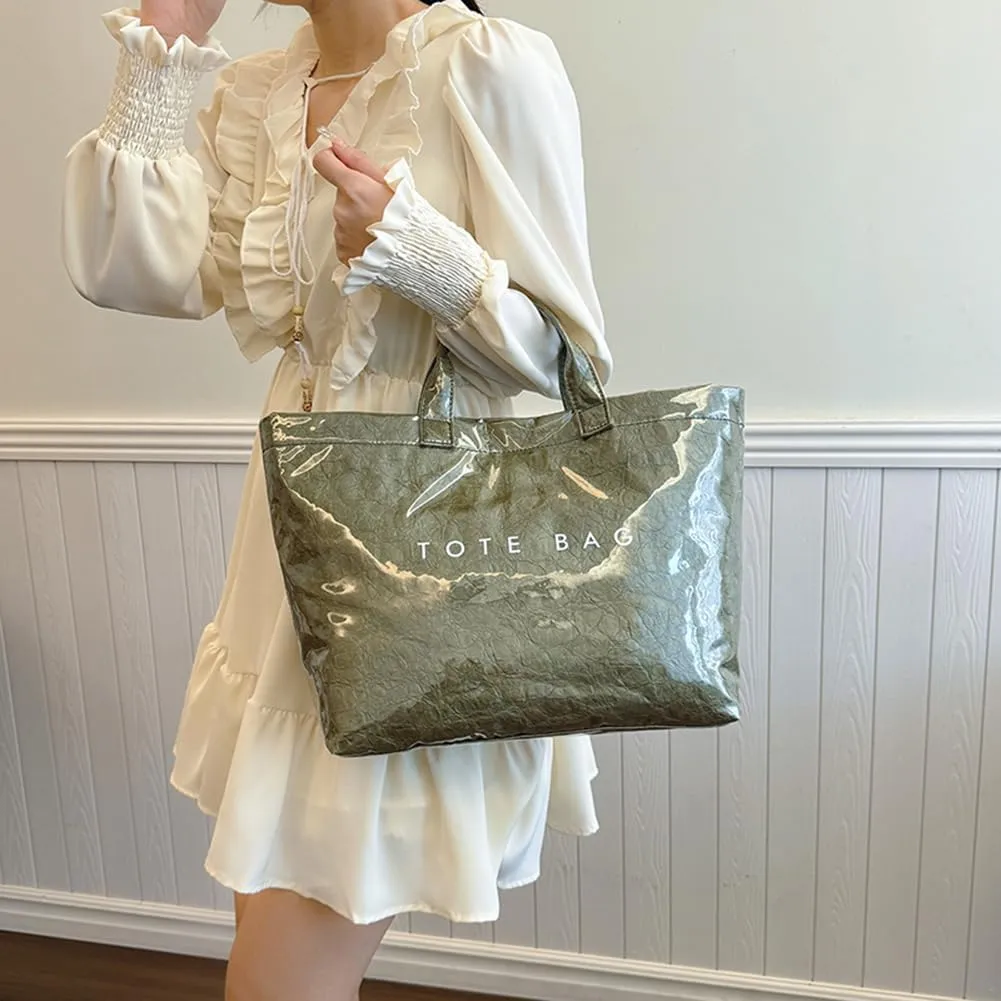PVC Tote Bag for Women Large Kraft Paper Tote Bag Trendy Letter Print Tote Bag Clear Top Handle Hobo Handbag
