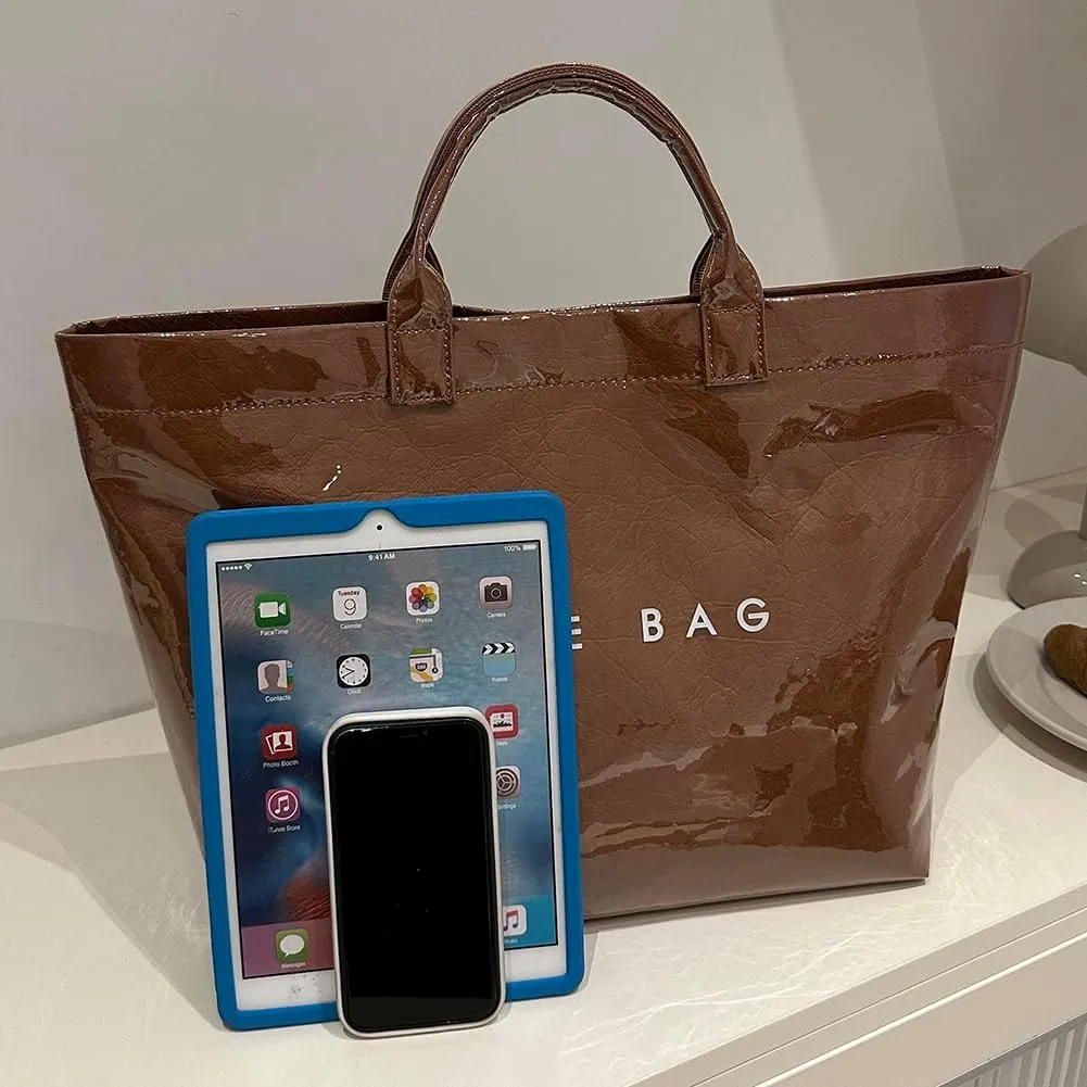 PVC Tote Bag for Women Large Kraft Paper Tote Bag Trendy Letter Print Tote Bag Clear Top Handle Hobo Handbag