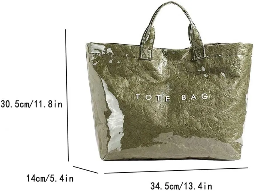 PVC Tote Bag for Women Large Kraft Paper Tote Bag Trendy Letter Print Tote Bag Clear Top Handle Hobo Handbag