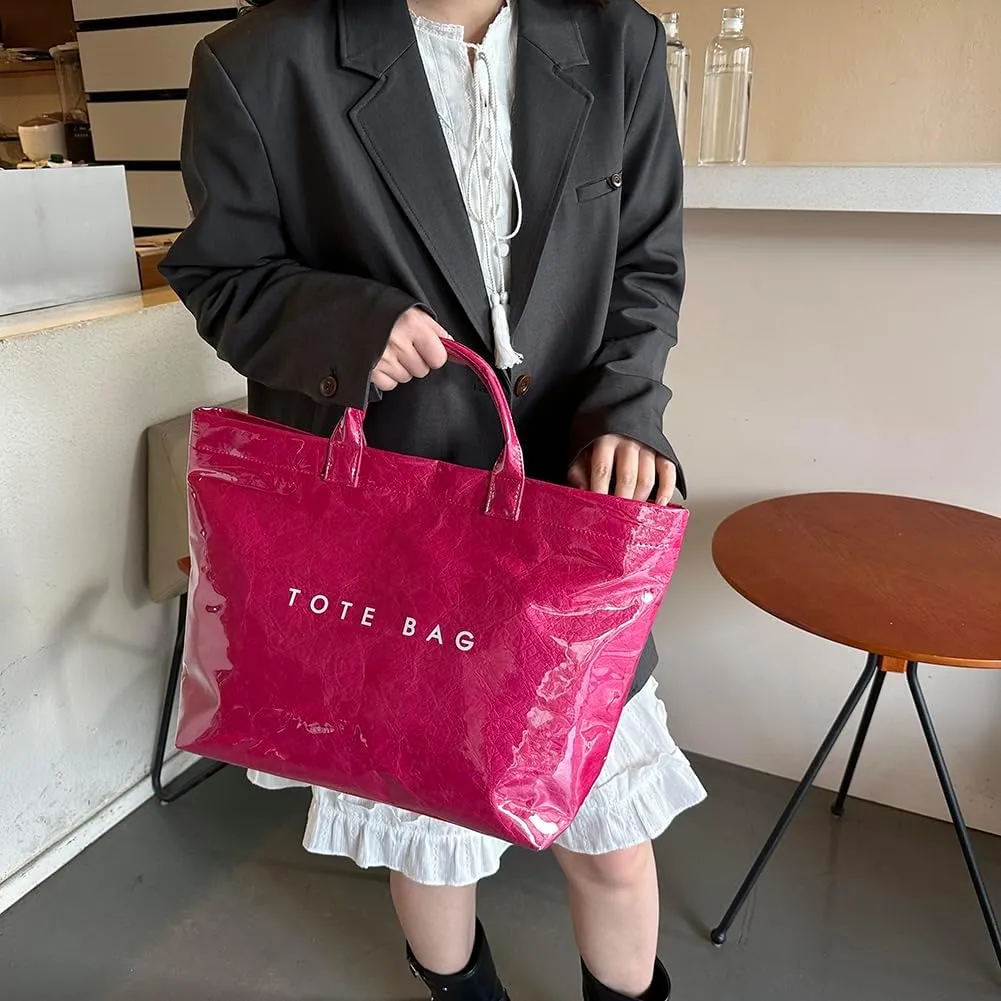 PVC Tote Bag for Women Large Kraft Paper Tote Bag Trendy Letter Print Tote Bag Clear Top Handle Hobo Handbag