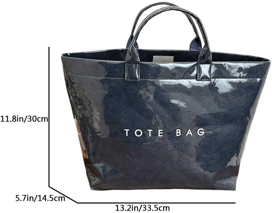 PVC Tote Bag for Women Large Kraft Paper Tote Bag Trendy Letter Print Tote Bag Clear Top Handle Hobo Handbag