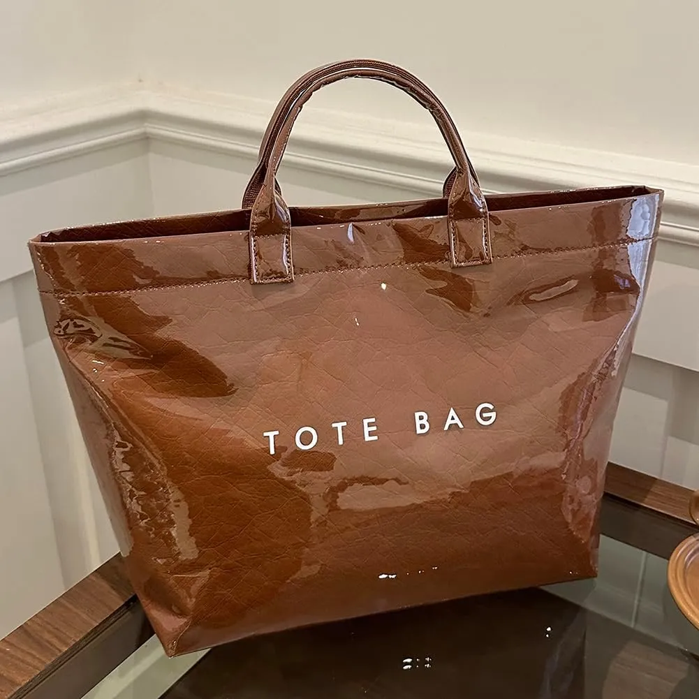 PVC Tote Bag for Women Large Kraft Paper Tote Bag Trendy Letter Print Tote Bag Clear Top Handle Hobo Handbag