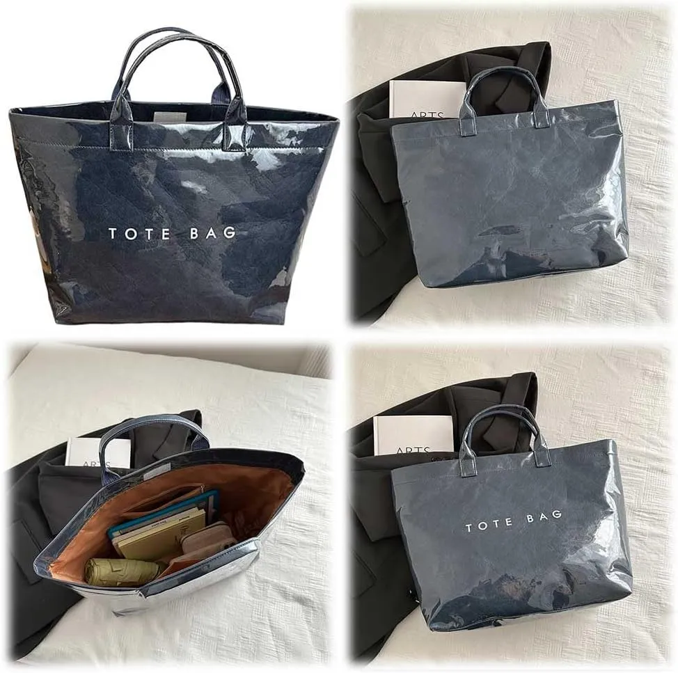 PVC Tote Bag for Women Large Kraft Paper Tote Bag Trendy Letter Print Tote Bag Clear Top Handle Hobo Handbag