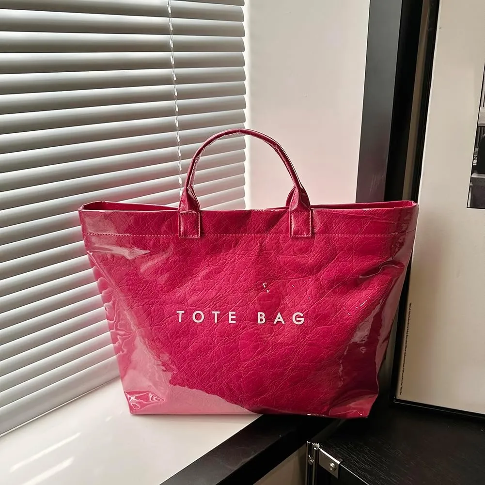 PVC Tote Bag for Women Large Kraft Paper Tote Bag Trendy Letter Print Tote Bag Clear Top Handle Hobo Handbag
