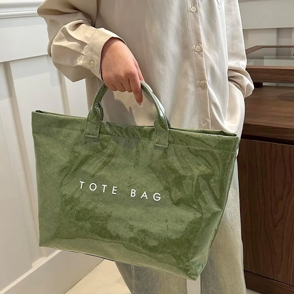 PVC Tote Bag for Women Large Kraft Paper Tote Bag Trendy Letter Print Tote Bag Clear Top Handle Hobo Handbag