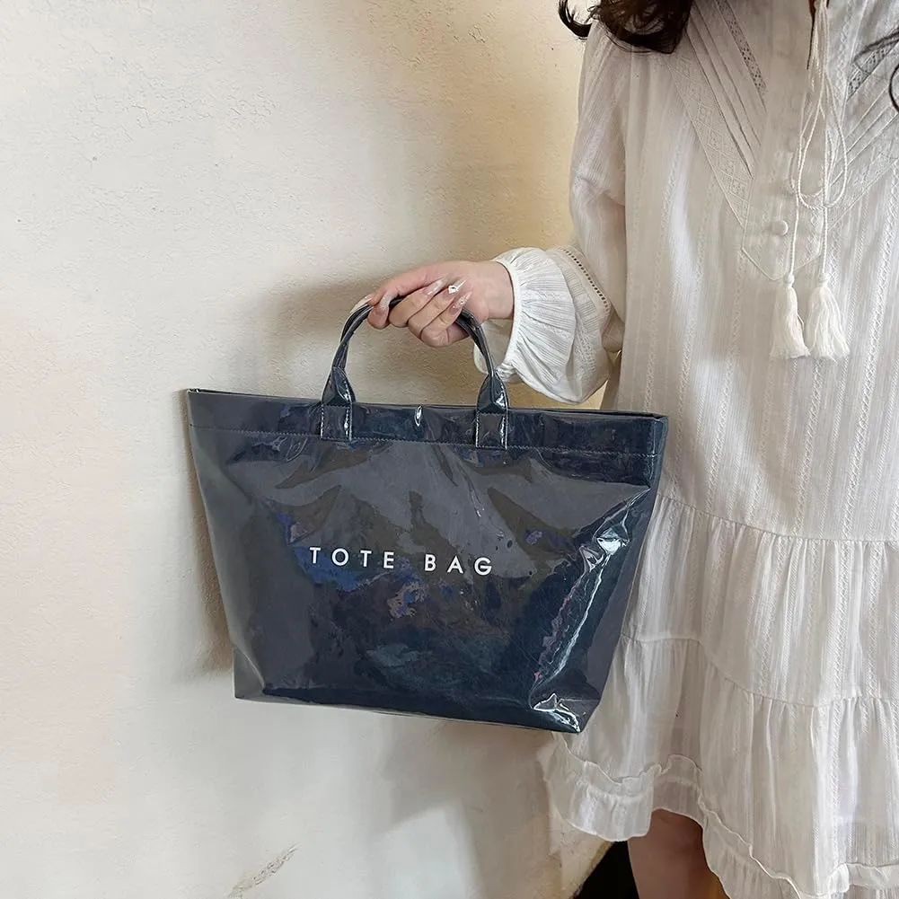 PVC Tote Bag for Women Large Kraft Paper Tote Bag Trendy Letter Print Tote Bag Clear Top Handle Hobo Handbag