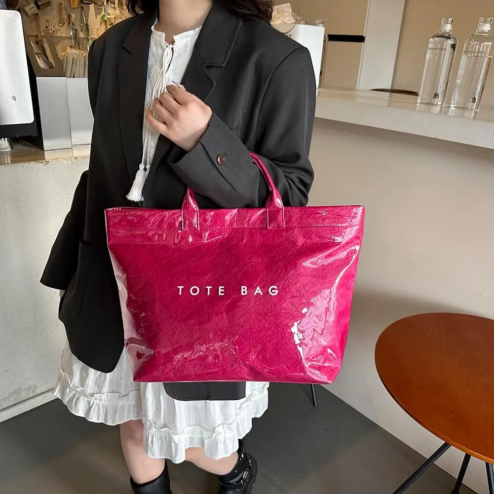 PVC Tote Bag for Women Large Kraft Paper Tote Bag Trendy Letter Print Tote Bag Clear Top Handle Hobo Handbag