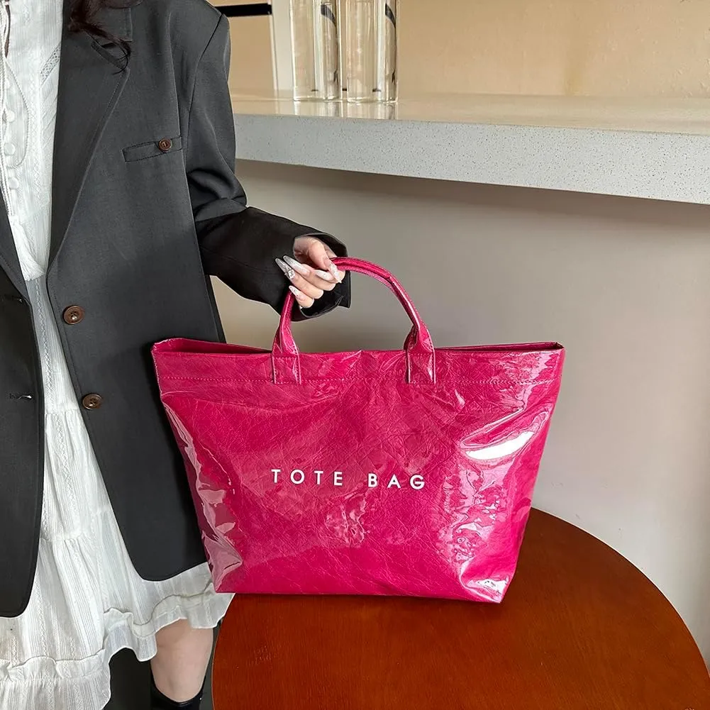 PVC Tote Bag for Women Large Kraft Paper Tote Bag Trendy Letter Print Tote Bag Clear Top Handle Hobo Handbag