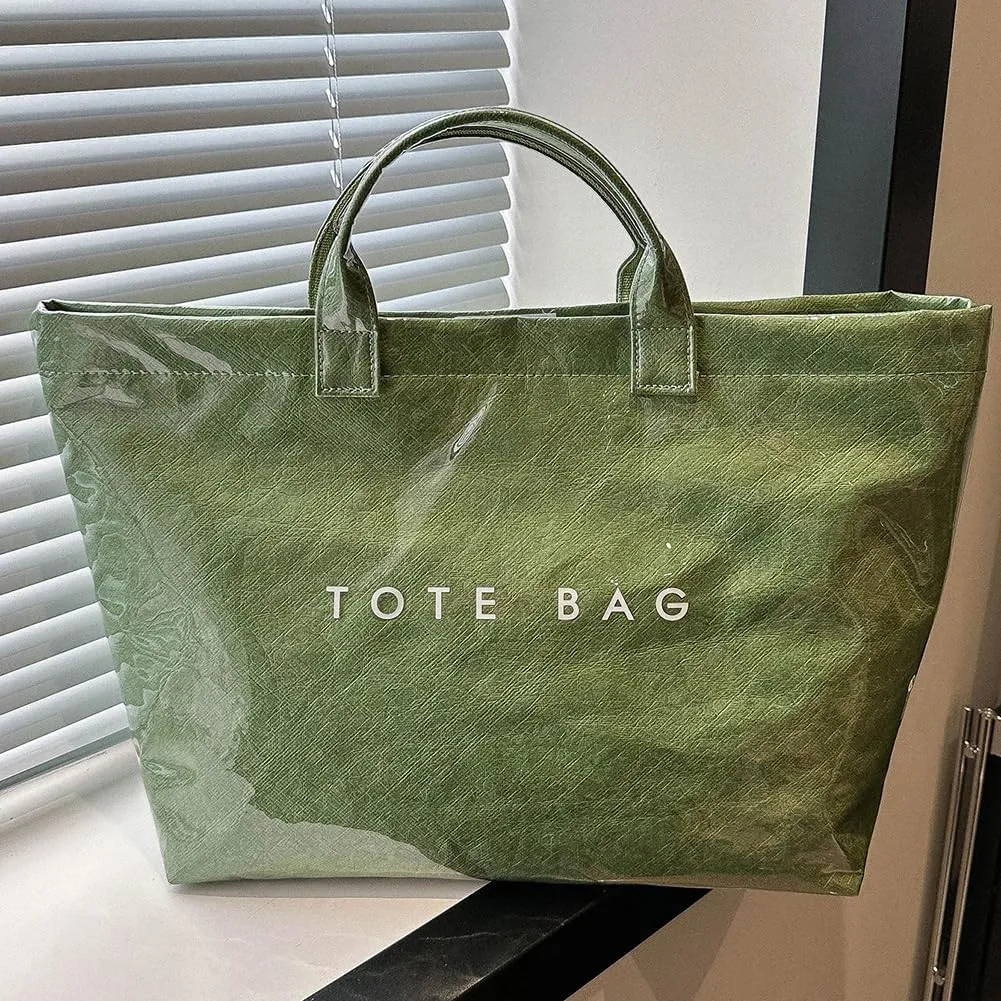 PVC Tote Bag for Women Large Kraft Paper Tote Bag Trendy Letter Print Tote Bag Clear Top Handle Hobo Handbag