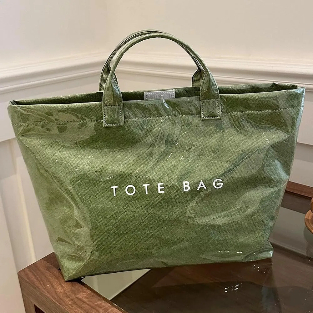 PVC Tote Bag for Women Large Kraft Paper Tote Bag Trendy Letter Print Tote Bag Clear Top Handle Hobo Handbag