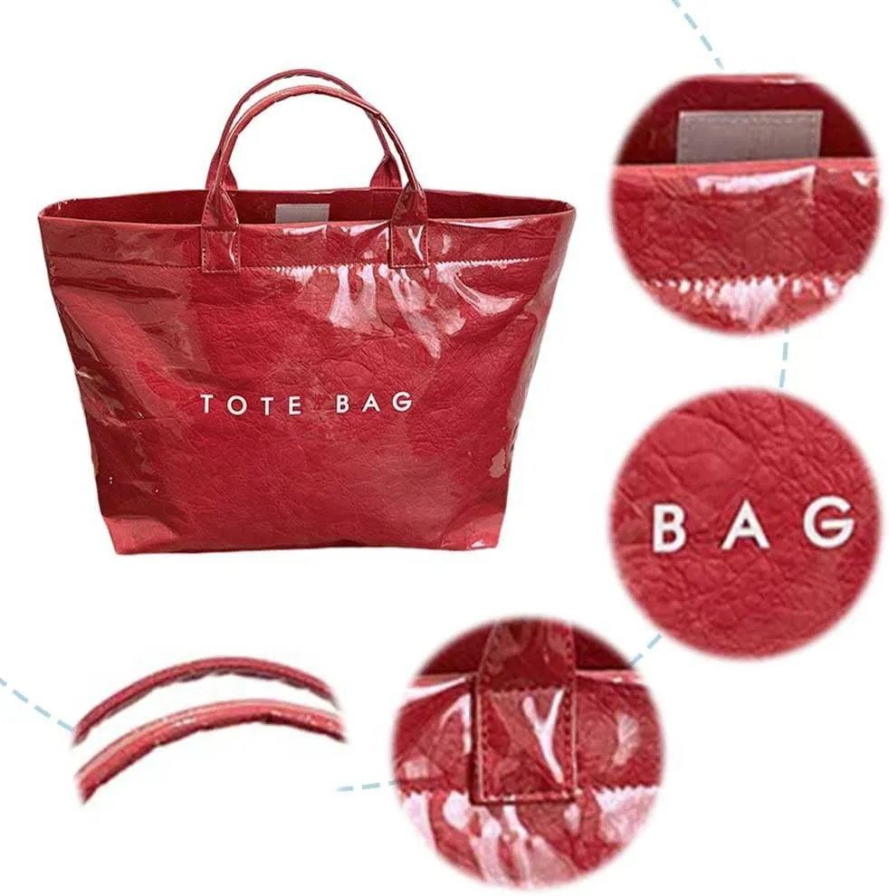 PVC Tote Bag for Women Large Kraft Paper Tote Bag Trendy Letter Print Tote Bag Clear Top Handle Hobo Handbag