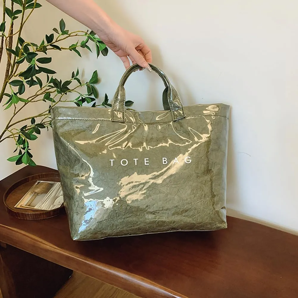 PVC Tote Bag for Women Large Kraft Paper Tote Bag Trendy Letter Print Tote Bag Clear Top Handle Hobo Handbag