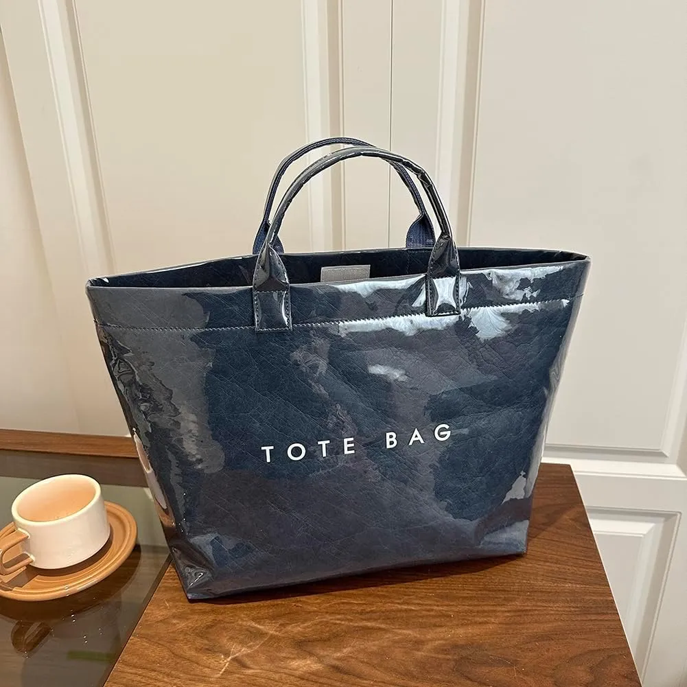 PVC Tote Bag for Women Large Kraft Paper Tote Bag Trendy Letter Print Tote Bag Clear Top Handle Hobo Handbag