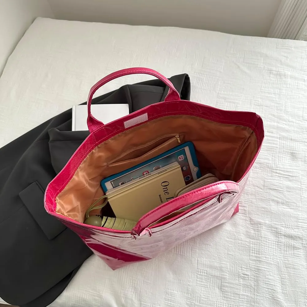 PVC Tote Bag for Women Large Kraft Paper Tote Bag Trendy Letter Print Tote Bag Clear Top Handle Hobo Handbag