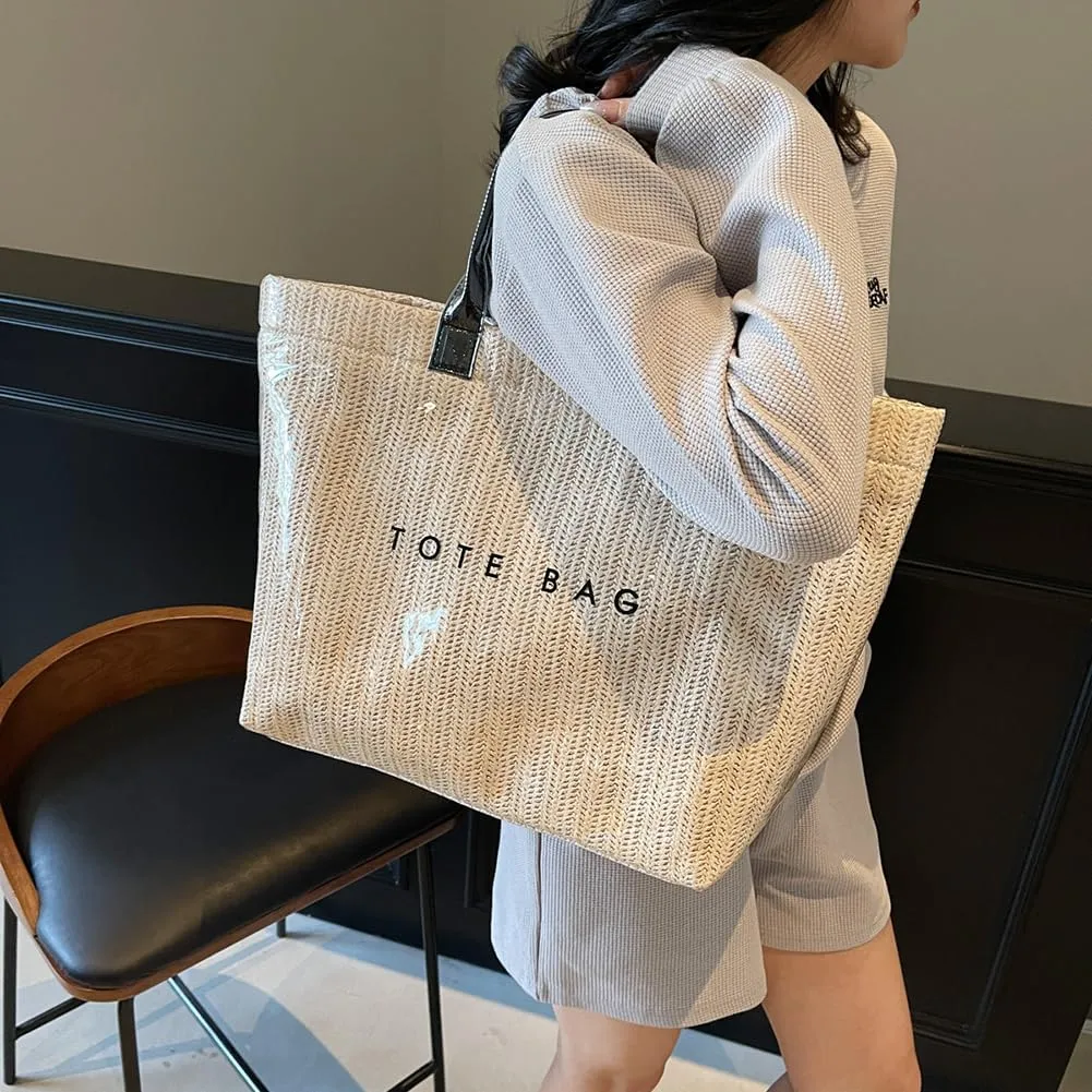 PVC Tote Bag for Women Plastic Straw Tote Bag Large Letters Print Handbag