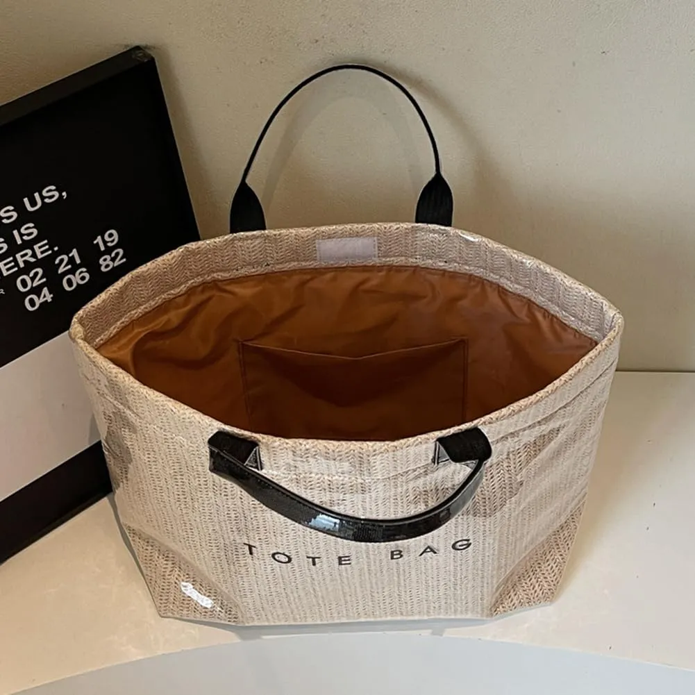 PVC Tote Bag for Women Plastic Straw Tote Bag Large Letters Print Handbag